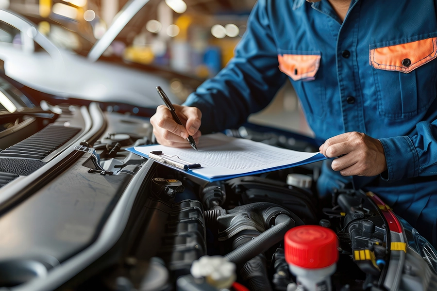 A mechanic inspects a car and goes through a checklist of muffler maintenance tips for the exhaust system to make sure the car is fit for the roads in Decatur, IL.